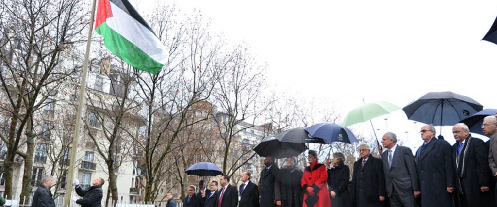 Palestinian flag raised at UNESCO Headquarters in Paris. Photo: Unesco